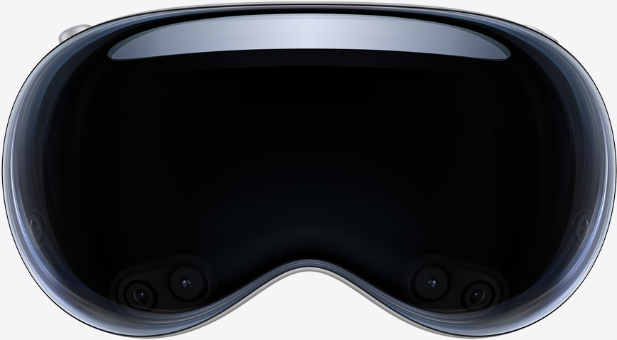 Apple Vision Pro 的正面，黑色，数码旋钮位于左上角。