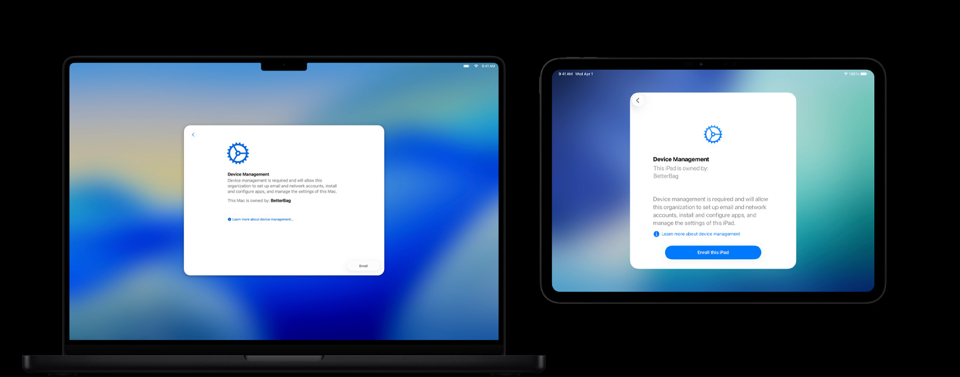 两部 Apple 设备并排摆放：Mac 电脑上显示“设备管理”窗口，iPad 屏幕上展示“设备管理”界面。