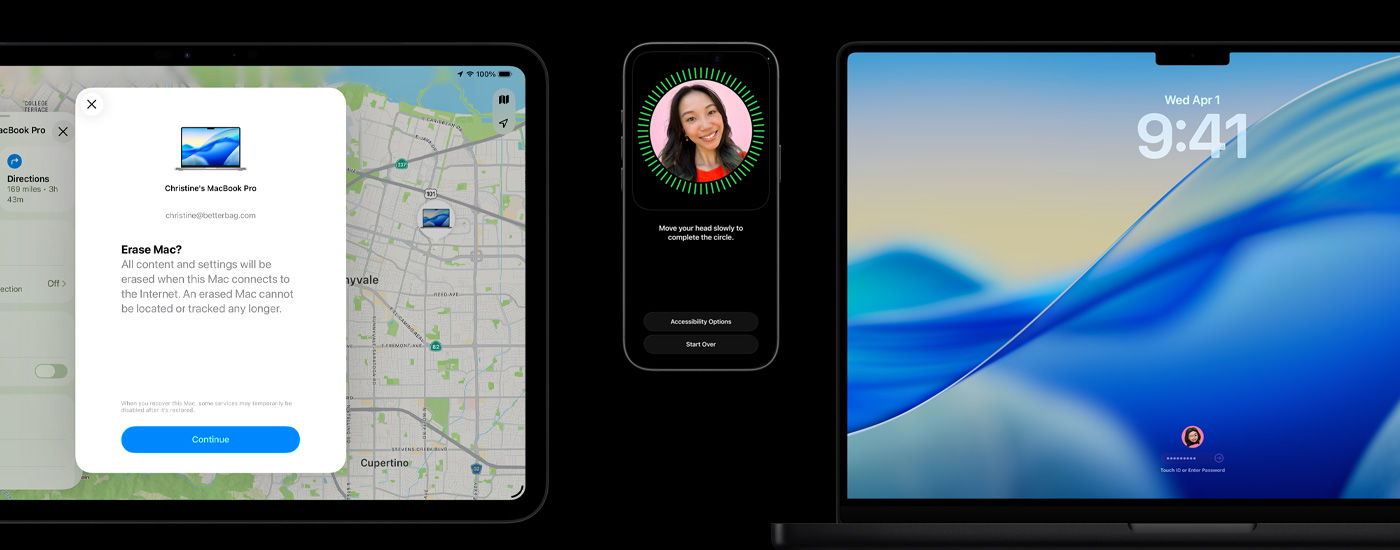 一部 iPad 显示“抹掉 Mac”这一选项，一部 iPhone 显示面容 ID 的设置界面，一台 Mac 显示 macOS Tahoe 主屏幕，并带有“输入密码或使用触控 ID”字样。 