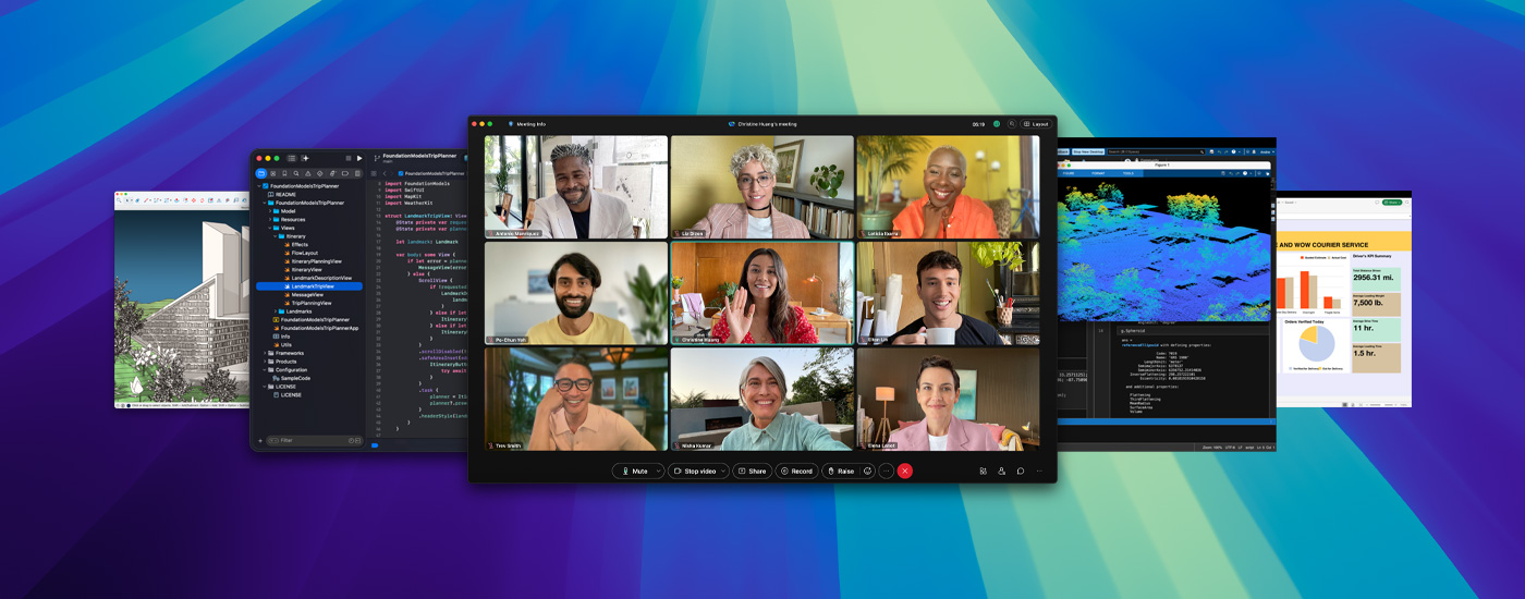 macOS Tahoe 上展示多个 app 窗口，包括通过 Webex 进行的在线会议，多名参与者正在微笑。