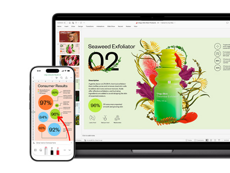 一台 Mac 和一部 iPhone 分别显示同一份色彩生动的演示文稿中的不同部分，内容是关于一款护肤产品。