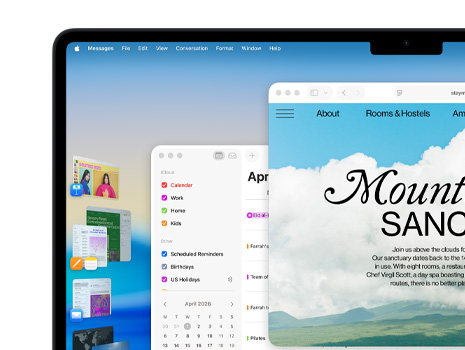 使用台前调度功能的屏幕上显示多个窗口和 app，包括 Keynote 讲演、Pages 文稿、邮件和一个网站，背景展示 macOS Tahoe。