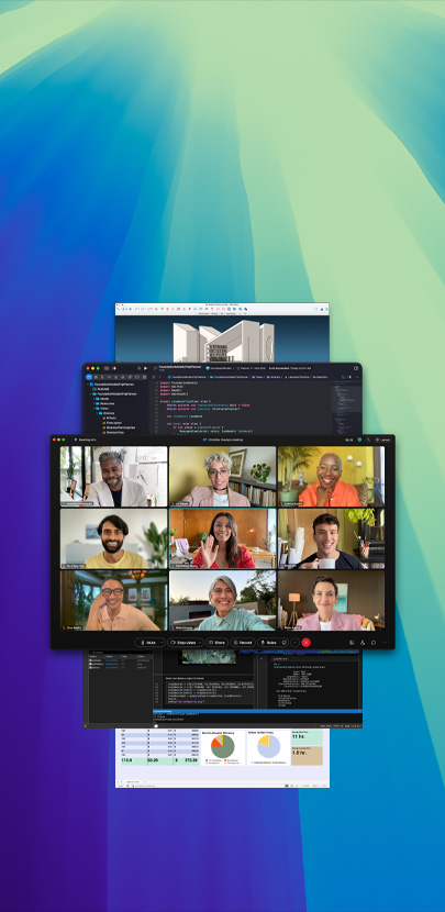 macOS Tahoe 上展示多个 app 窗口，包括通过 Webex 进行的在线会议，多名参与者正在微笑。