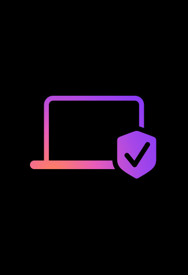 线描的 MacBook 图案，主色调为粉色，从左到右逐渐变深，图案前方有带勾号的盾牌，代表 Mac 的安全性。