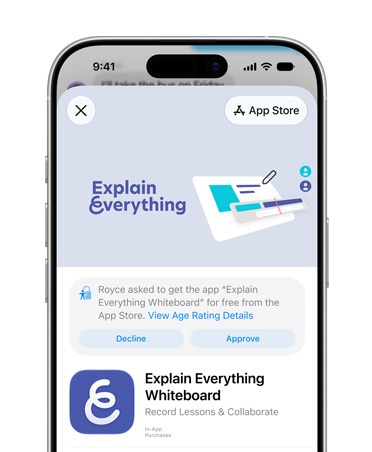 iPhone 显示 App Store 中的 Explain Everything Whiteboard 这款 app 的产品页面，提示用户选择拒绝或批准儿童账户的访问权限。