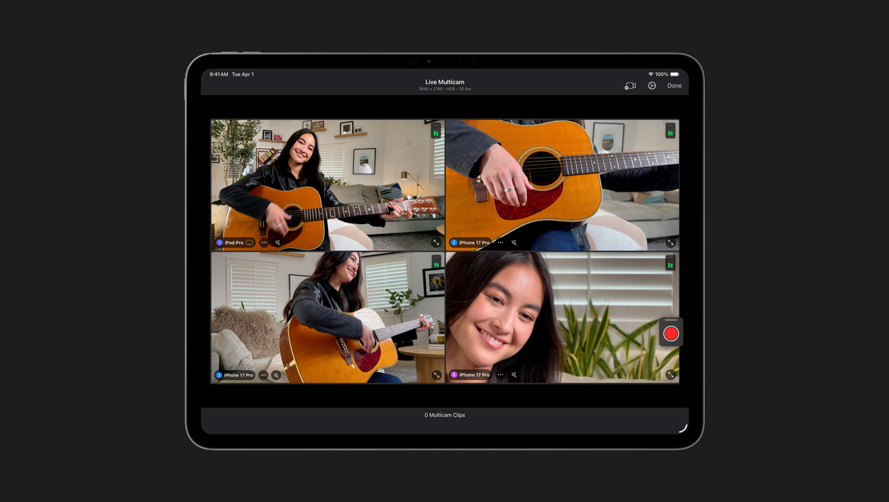 13 英寸 iPad Pro 屏幕显示实时多机位功能，展示使用 iPad Pro 和 iPhone 17 Pro 设备从四个不同角度拍摄女子弹奏吉他的画面。