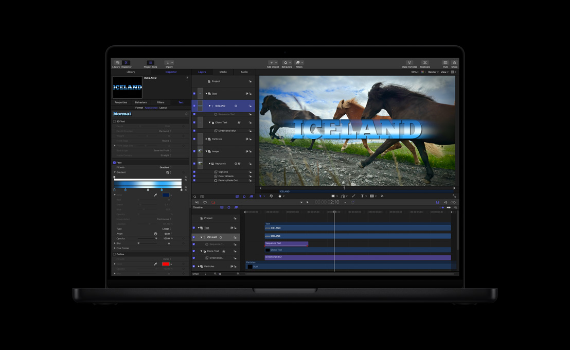 16 英寸 MacBook Pro 屏幕显示三匹飞驰的骏马画面之上叠加了一个标题，标题文字为 Iceland。