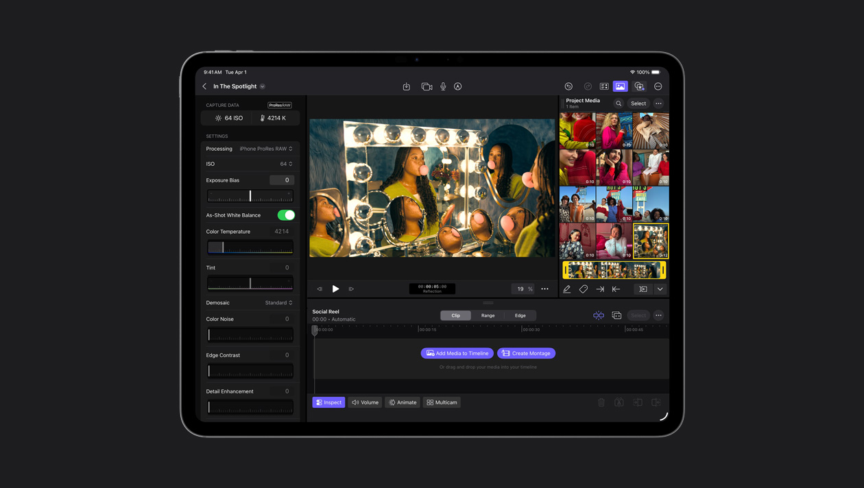 13 英寸 iPad Pro 屏幕显示绑着辫子的女孩在数面镜子前吹泡泡糖的画面，项目媒体窗格置于画面右侧，设置面板置于画面左侧，社交媒体片段位于屏幕底部。