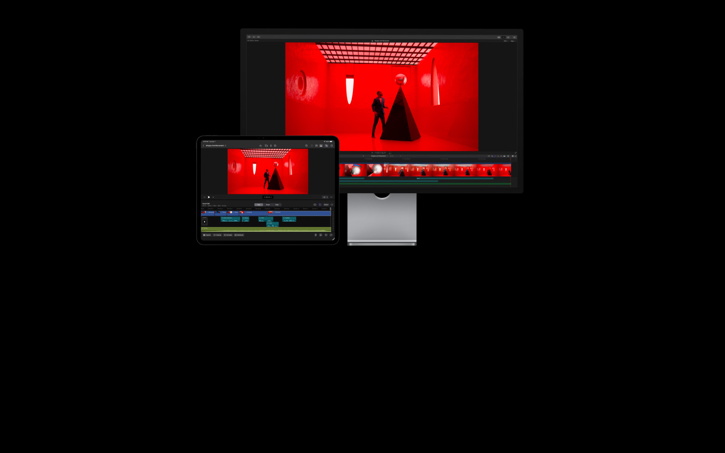 Final Cut Pro 中的视频剪辑画面，显示一名身着蓝色西装的男子身处红色房间内，将一颗巨大的白色珍珠放在黑色金字塔模型顶端。