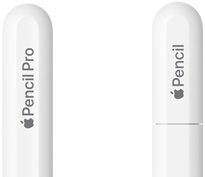 Apple Pencil Pro，圆润的尾端镌刻有 Apple Pencil Pro 标志；旁边是 Apple Pencil USB-C，尾端笔帽上镌刻有 Apple Pencil 标志。
