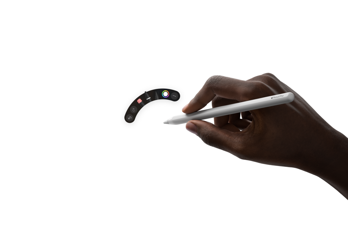 iPad Air 正面外观，一只手握着 Apple Pencil Pro 在用第三方数字绘图 app 创作的插画上记笔记。