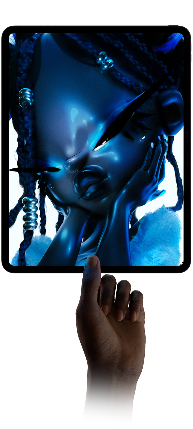 竖屏放置的深空黑色 iPad Pro 的正面外观，屏幕显示一副数码作品：一个蓝色皮肤、麻花辫造型的角色，极具未来感。一只手用拇指和食指从底部举起 iPad Pro，突显机身的纤薄设计。