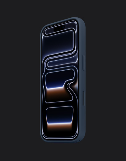 深蓝色 iPhone 17 Pro 正面外观，机身上装有海军蓝色硅胶保护壳。