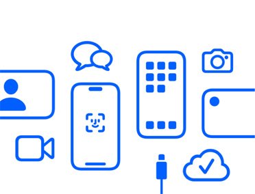 各种 Apple 设备和功能图标，包括 iCloud、展示面容 ID 的 iPhone、充电线、相机图标、信息图标等。