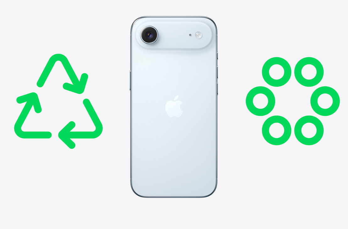 iPhone Air 机身背面，左右两侧分别为绿色回收图标和绿色循环材料图标。