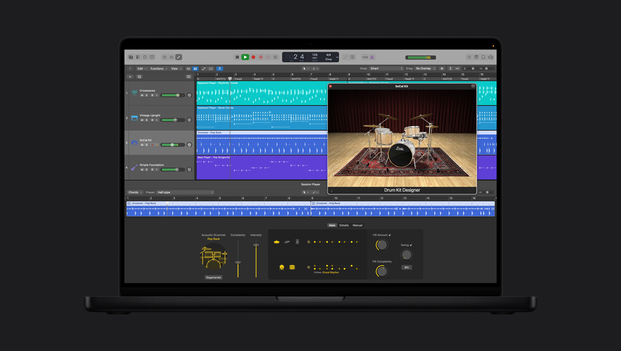 16 英寸 MacBook Pro 屏幕显示原声鼓手，SoCal Kit 窗口呈打开状态，展示 Drum Kit Designer；左侧一列为 Crosswaves、Vintage Upright、SoCal Kit、Simple Foundation，底部为 Acoustic Drummer Pop Rock 控制项。