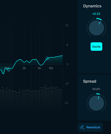 Mastering Assistant 模块，展示 Dynamics 和 Spread 控制项。