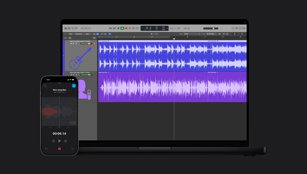 16 英寸 MacBook Pro 屏幕展示工作区，有人声和吉他两行声波图；iPhone 17 Pro 屏幕则显示 Logic Pro 语音备忘录，展示以红色声波呈现的录音、播放按钮、标题 New song idea、日期和时长。