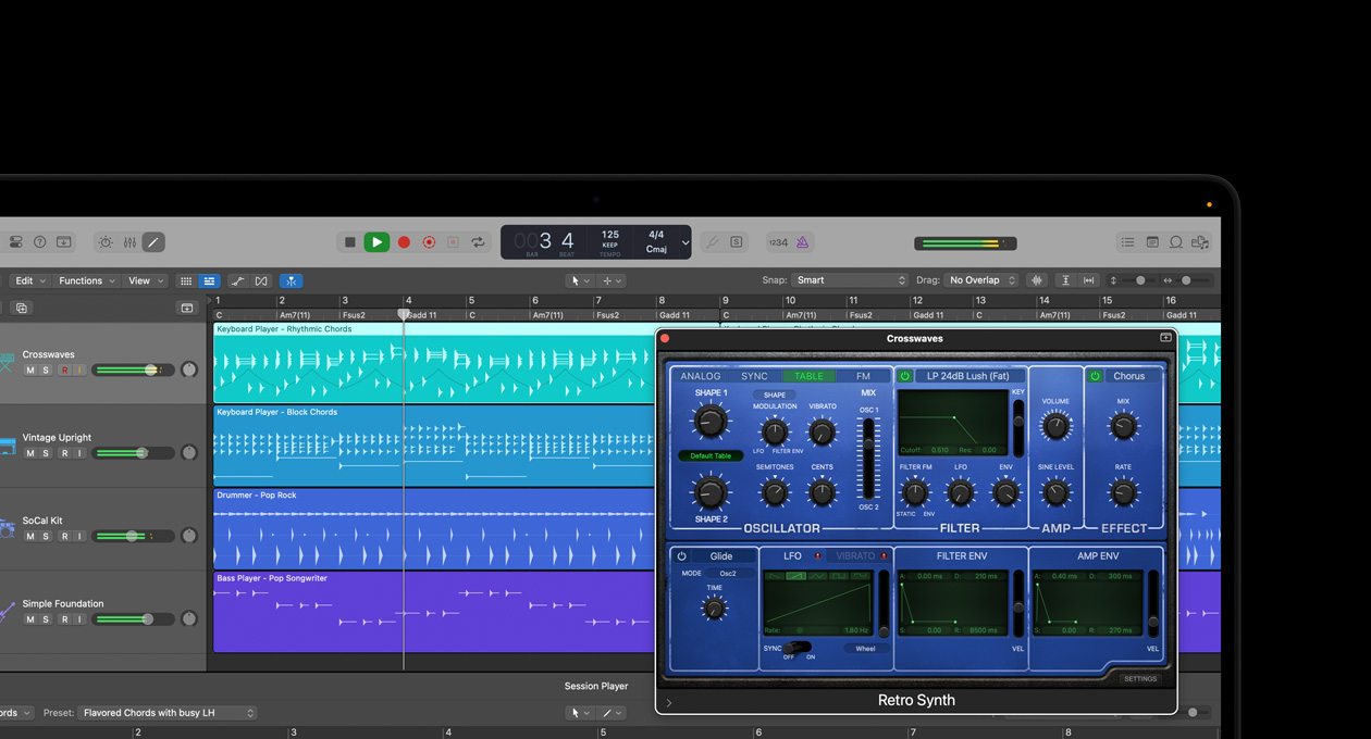 16 英寸 MacBook Pro 屏幕显示 Retro Synth 设计师模块，展示 Oscillator、Filter、Amp 和 Effect 的控制项。