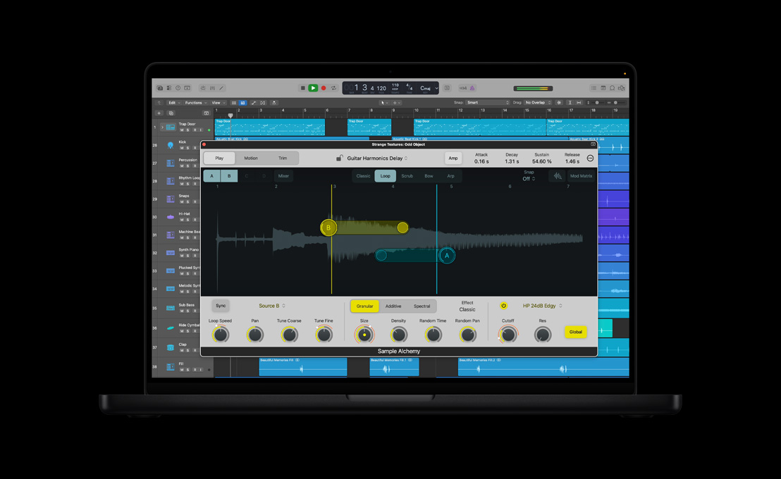 16 英寸 MacBook Pro，显示 Logic Pro 的 Sample Alchemy 窗口，展示人声内容。