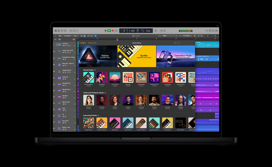 16 英寸 MacBook Pro 屏幕展示声音资源库、声音包、艺人和制作人包、乐器包。