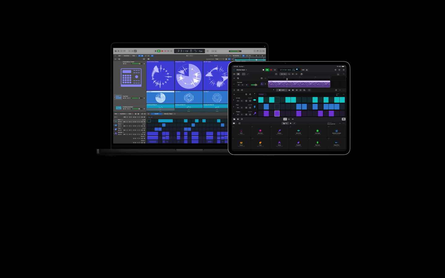 16 英寸 MacBook Pro 屏幕展示 Logic Pro 界面，以及贝斯和鼓各种控制项的详细信息；13 英寸 iPad Pro 屏幕展示不同鼓件和打击乐效果的控制项。