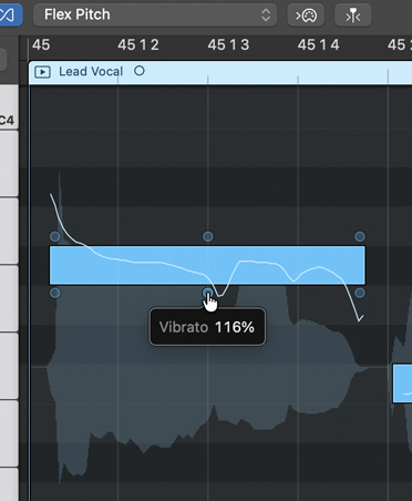 屏幕显示 Flex Pitch，展示 Lead Vocal 图表中的 Vibrato 百分比。