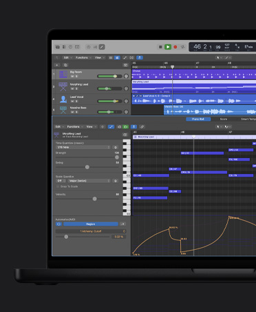 16 英寸 MacBook Pro 屏幕展示多行不同的声波，包括 Big Room、Morphing Lead、Lead Vocal、Massive Bass，底部为 Piano Roll 窗口，左侧有调整项。