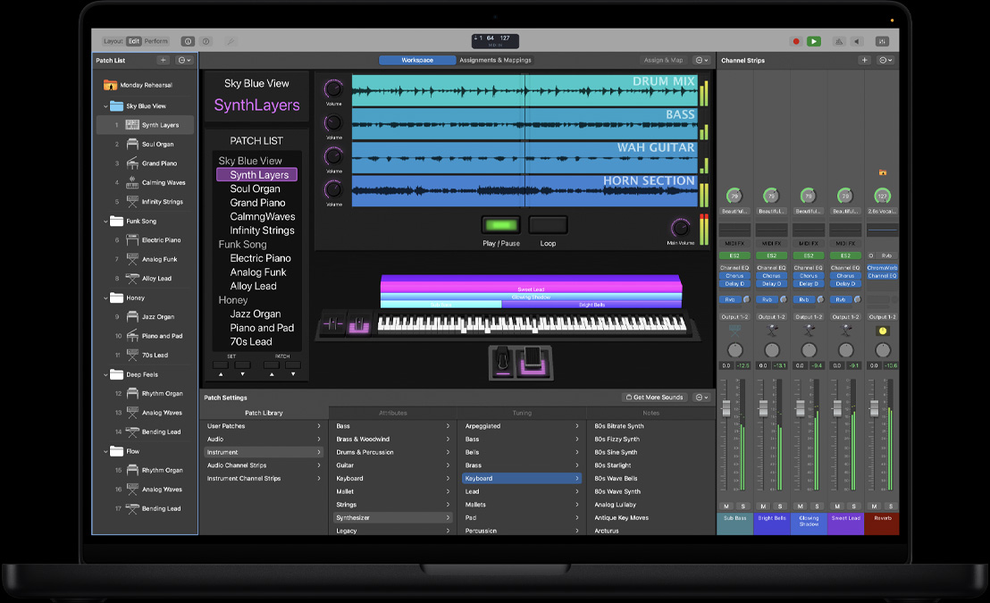 16 英寸 MacBook Pro 屏幕显示 MainStage 工作区，左侧面板展示各类文件，底部的 Patch Settings 展示 Patch Library 中的各种声音，右侧为 Channel Strips 和控制项。