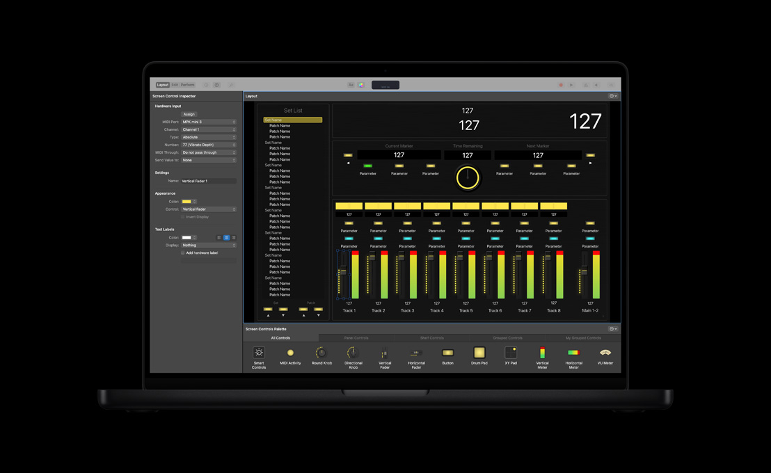 16 英寸 MacBook Pro 屏幕展示 Logic Pro 工作区布局，左侧为 Screen Control Inspector，底部为 Screen Controls Palette。