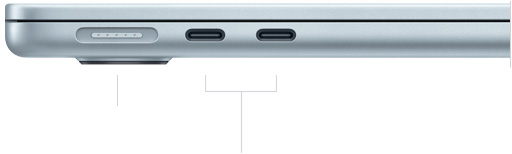 呈闭合状态的 MacBook Air 的左侧图，展示 MagSafe 端口和两个雷雳端口。