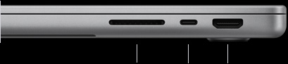 呈闭合状态的 14 英寸 MacBook Pro (M5 芯片机型) 的右侧视图，展示 SDXC 卡插槽、一个雷雳 4 端口以及 HDMI 端口。