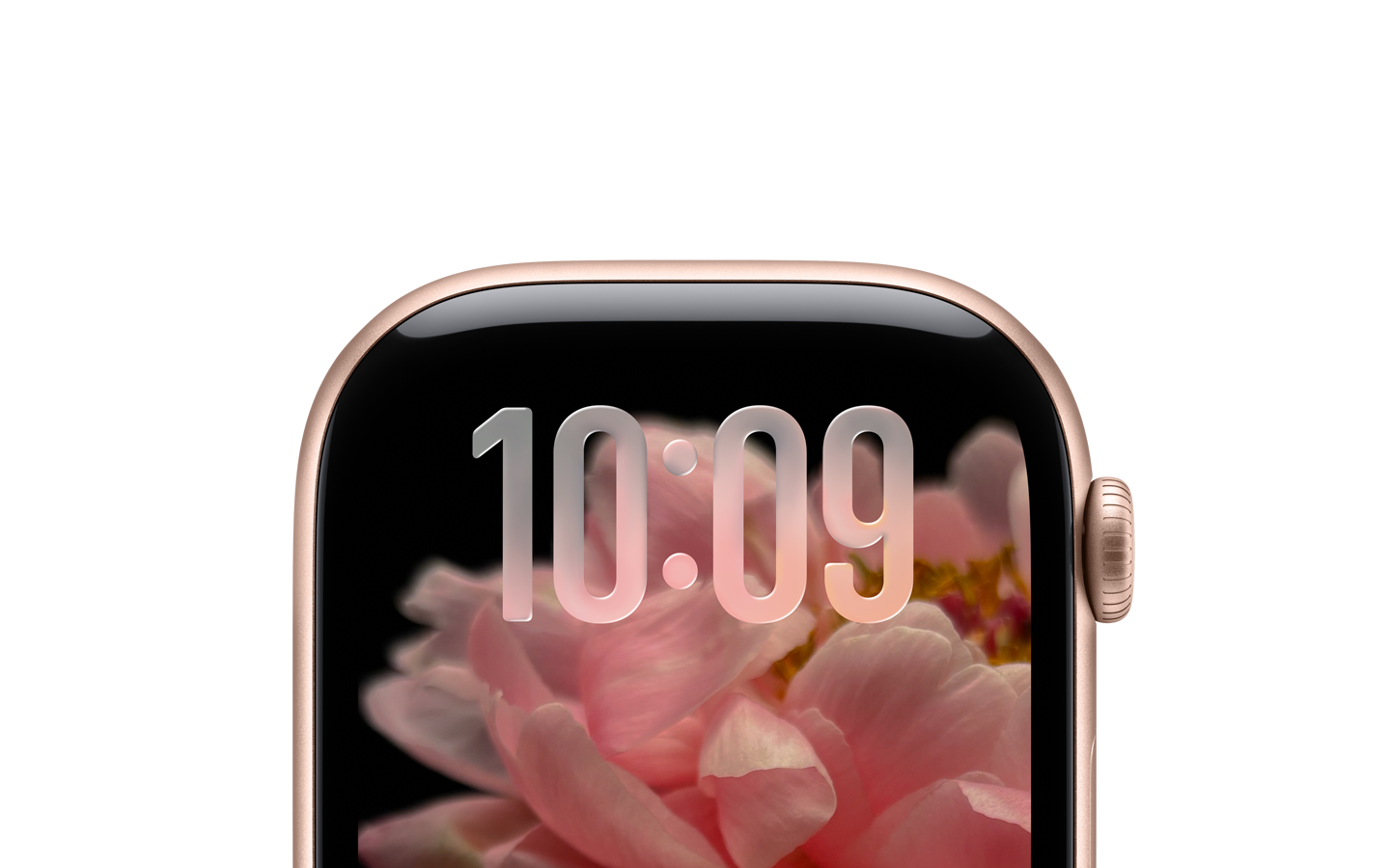 未搭配表带的玫瑰金色 Apple Watch，只露出表盘上半部分，表盘顶部显示半透明  Liquid Glass 设计的时间数字。